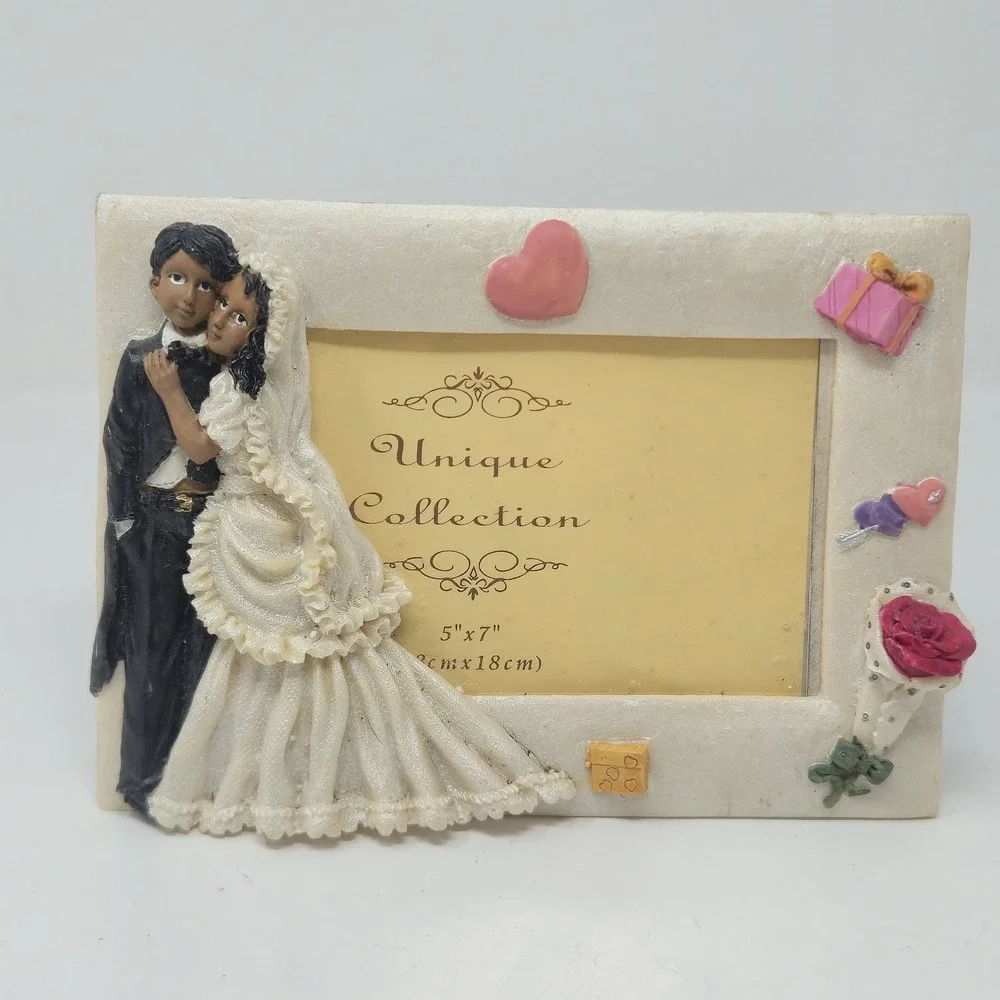 African American Bride Groom Picture Frame 5x7 Vintage Resin Wedding Decor 3D